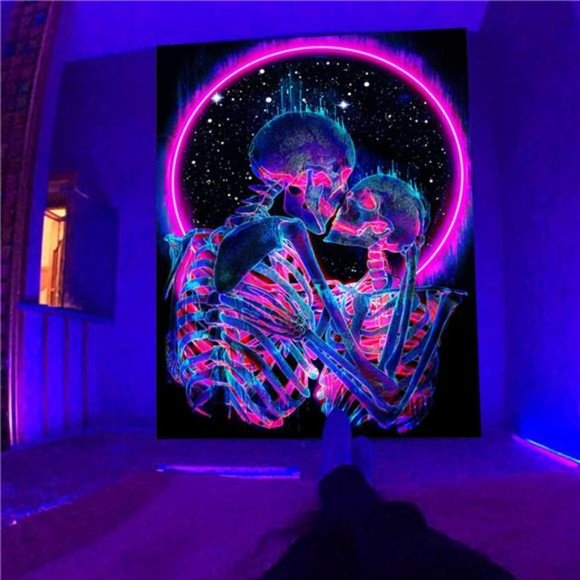 Blacklight Skull Tapestry, The Kissing Lovers Tapestry UV Reactive Trippy Neon - Picture 3 of 6